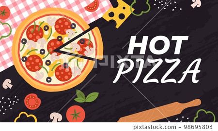 Pizza cheddar and mushroom background. Menu pizzeria template. Italian cuisine ingredients and food. Hot pizza delivery racy vector banner 98695803