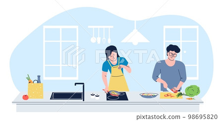 Couple cooking food at home kitchen. Food store delivery package, students cook dinner together. Young adults ingredients preparation vector concept Couple cooking food at home kitchen. Food store delivery package, students cook dinner together. Young adults ingredients preparation vector concept 98695820