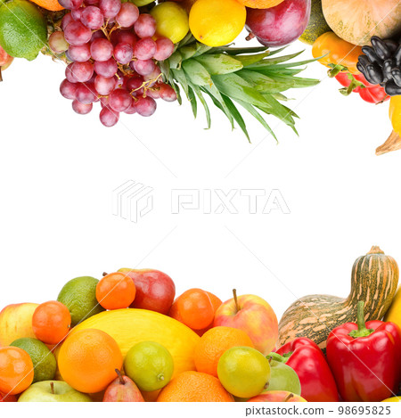 Set of vegetables and fruits isolated on white . Collage. Free space for text. 98695825