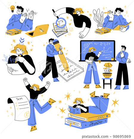 Education with Man and Woman Studying and Learning Discipline Vector Set 98695869