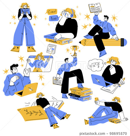 Education with Man and Woman Studying and Learning Discipline Vector Set 98695870