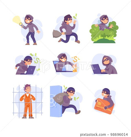 Man Criminal in Mask Committing Crime Engaged in Theft Vector Set Man Criminal in Mask Committing Crime Engaged in Theft Vector Set 98696014