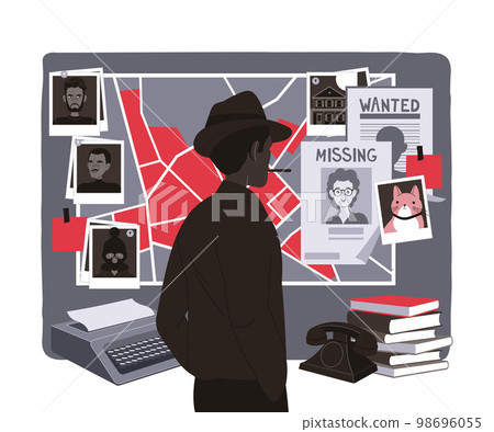 Man Detective in Hat Smoking Cigarette Examining Photo and Proofs on the Wall Vector Illustration Man Detective in Hat Smoking Cigarette Examining Photo and Proofs on the Wall Vector Illustration 98696055