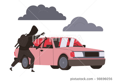 Crime with Man Criminal in Hoody Breaking Car Vector Illustration Crime with Man Criminal in Hoody Breaking Car Vector Illustration 98696056