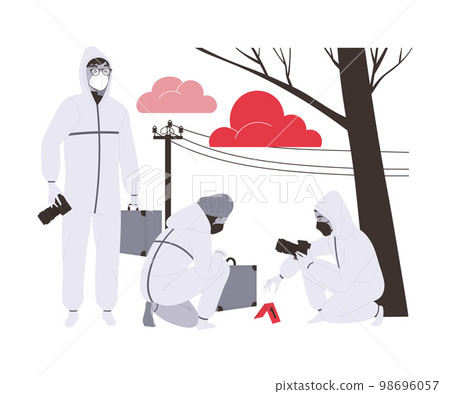 Man and Woman Police Expert in Suit Collecting Evidence at Crime Site Vector Illustration Man and Woman Police Expert in Suit Collecting Evidence at Crime Site Vector Illustration 98696057