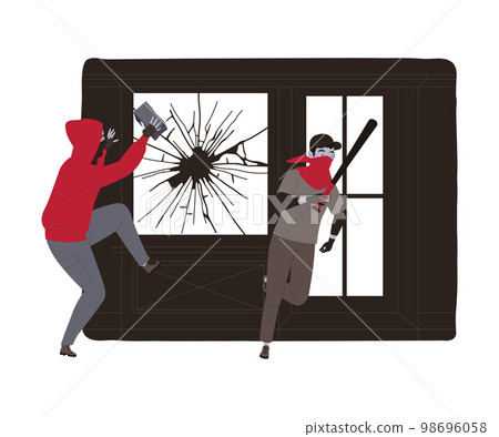 Crime with Man Criminal with Brick and Bat Breaking Shop Window Vector Illustration 98696058