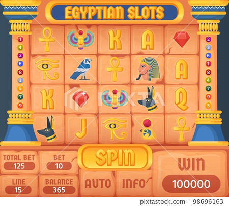 Egyptian slots. Game casino slot frame in ancient egypt civilization style, pharaoh history symbol background texture with gold jewelry icon elements, ingenious vector illustration Egyptian slots. Game casino slot frame in ancient egypt civilization style, pharaoh history symbol background texture with gold jewelry icon elements, ingenious vector illustration 98696163