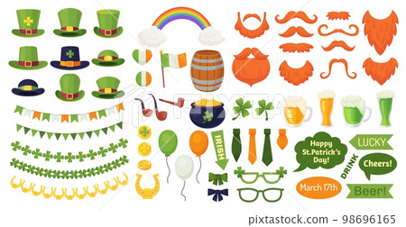 Saint patrick props. St patricks day booth elements, irish leprechaun hat costume for photobooth, ireland symbol rainbow gold pot shamrock mustache Saint patrick props. St patricks day booth elements, irish leprechaun hat costume for photobooth, ireland symbol rainbow gold pot shamrock mustache 98696165