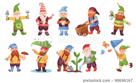 Garden dwarfs. Cartoon elf fantasy game, magical gnome fairy small male creatures figure, funny dwarf character gnomes statues gardening 98696167