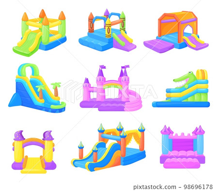 Inflatable castles. Inflated castle and air bouncy slides for kids park, rubber playgrounds child game bounce in house or jumping on trampoline attraction, neat vector illustration 98696178