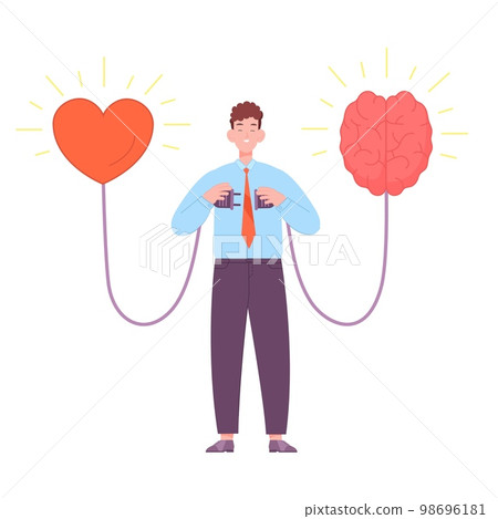 Heart brain connection. Man connect mind with emotion, physiacal connections head and body love work soul logic bond energy system connected hearts concept vector illustration Heart brain connection. Man connect mind with emotion, physiacal connections head and body love work soul logic bond energy system connected hearts concept vector illustration 98696181