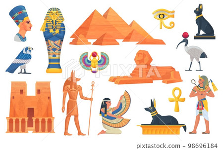 Cartoon egyptian elements. Ancient egypt statue and mythology objects, birds scarab jackal history god sphinx pharaoh building architecture for game, ingenious vector illustration Cartoon egyptian elements. Ancient egypt statue and mythology objects, birds scarab jackal history god sphinx pharaoh building architecture for game, ingenious vector illustration 98696184