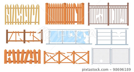 Broken fences. Destroy or break fencing, plank loophole in wood fence, timber backdrop farm garden gates with hole, old board wooden picket barrier cartoon neat vector illustration 98696189
