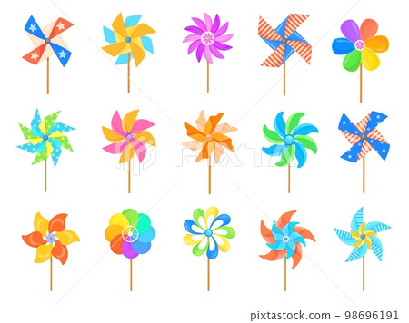 Cartoon pinwheel. Paper propller kid toy, set color windmills baby joy wind mill summer weather, breeze wheel child color whirligig spinner Cartoon pinwheel. Paper propller kid toy, set color windmills baby joy wind mill summer weather, breeze wheel child color whirligig spinner 98696191