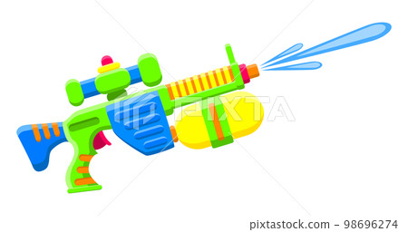 Shooting water gun. Bright multi-colored childrens toy. Isolated object. Flat vector illustrations on white background. Shooting water gun. Bright multi-colored childrens toy. Isolated object. Flat vector illustrations on white background. 98696274