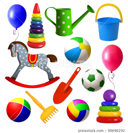 Set toys for young children. Ball, swing, rocking horse, balloon, pyramid, sandbox toys. Realistic isolated colored objects on a white background. Vector illustration. Set toys for young children. Ball, swing, rocking horse, balloon, pyramid, sandbox toys. Realistic isolated colored objects on a white background. Vector illustration. 98696292