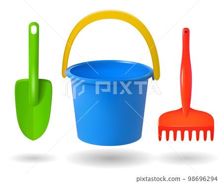 toys for sandbox. Baby bucket, rake, scapula. Colored objects on white background. Vector illustrations toys for sandbox. Baby bucket, rake, scapula. Colored objects on white background. Vector illustrations 98696294