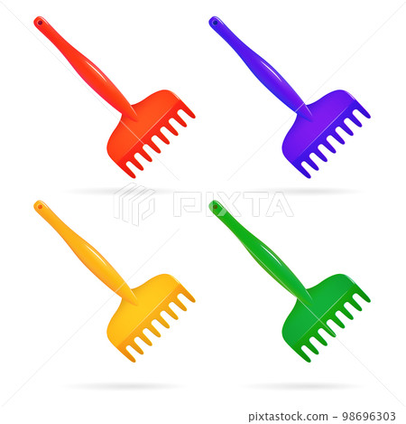 Rake. Toy for child. Set of plastic rake red yellow green blue. Isolated object. Vector illustrations Rake. Toy for child. Set of plastic rake red yellow green blue. Isolated object. Vector illustrations 98696303