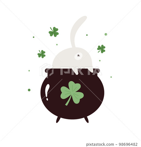 Funny holiday design with cat sitting in a pot, elf cauldron for St. Patricks Day. 98696482