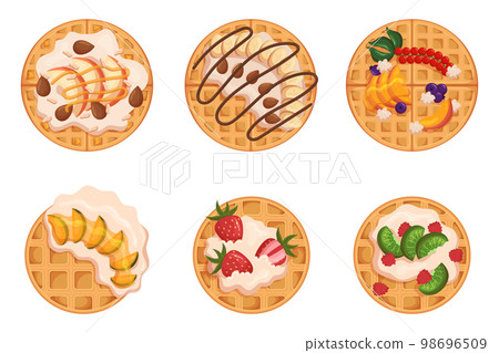 Set Of Round Belgian Waffles, Homemade Pastry Decorated With Fresh Berries And Fruits, Wafers With Jam, Chocolate Set Of Round Belgian Waffles, Homemade Pastry Decorated With Fresh Berries And Fruits, Wafers With Jam, Chocolate 98696509