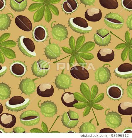 Seamless Pattern With Chestnut Fruits, Green Leaves, Whole And Broken Nuts Tiled Repeated Background 98696512