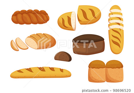 Set Different Bread, Rye And Wheat Bakery Products. Isolated Baguette, Loaf, Bun Pastry Collection On White Background Set Different Bread, Rye And Wheat Bakery Products. Isolated Baguette, Loaf, Bun Pastry Collection On White Background 98696520