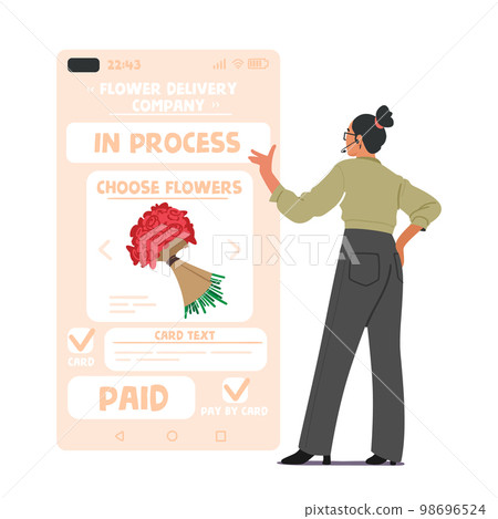 Female Character Order Flowers In Internet. Woman Stand At Huge Smartphone Use Online Application For Buying Bouquet Female Character Order Flowers In Internet. Woman Stand At Huge Smartphone Use Online Application For Buying Bouquet 98696524