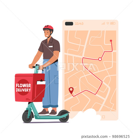 Flowers Delivery Service Concept with Courier Male Character Deliver Fresh Flowers on Scooter with Navigation App 98696525