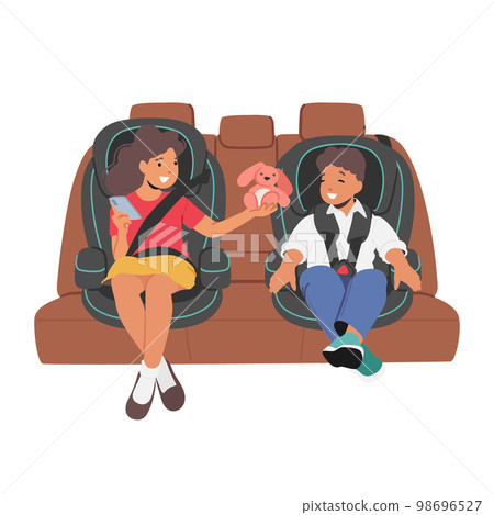 Smiling Kids Of Different Ages Sit In Car Backseat Use Safety Belts And Child Seat For Protection. Children Safe Smiling Kids Of Different Ages Sit In Car Backseat Use Safety Belts And Child Seat For Protection. Children Safe 98696527