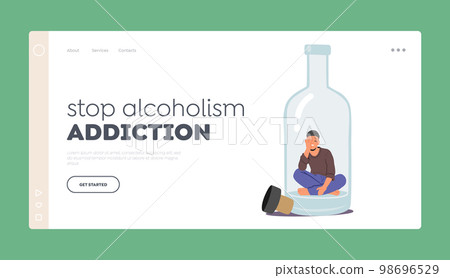Stop Alcoholism Addiction Landing Page Template. Drunk Man Sitting On Bottom Of Empty Bottle Vector Illustration 98696529