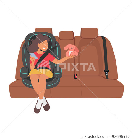 Child Safety And Comfortable Travel Concept. Kid Girl Character Sitting On Car Seat, Happy Kid In Comfortable Chair Child Safety And Comfortable Travel Concept. Kid Girl Character Sitting On Car Seat, Happy Kid In Comfortable Chair 98696532
