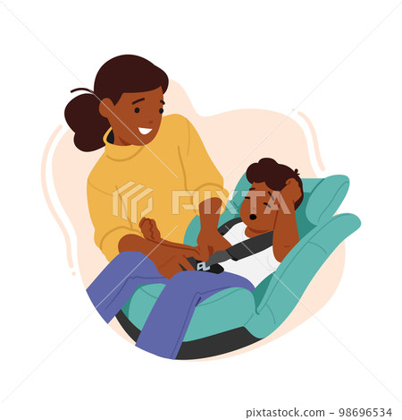 Cute Little Boy Sitting On Car Baby Seat With Mother Holding Him While Fasten Safety Belt Family Prepare For Road Trip Cute Little Boy Sitting On Car Baby Seat With Mother Holding Him While Fasten Safety Belt Family Prepare For Road Trip 98696534