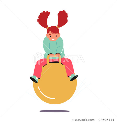 Girl Jumping On Fitness Ball on Playground, Break at School, Recess Fun, Physical Exercise For Kids, Happy Child Jump 98696544