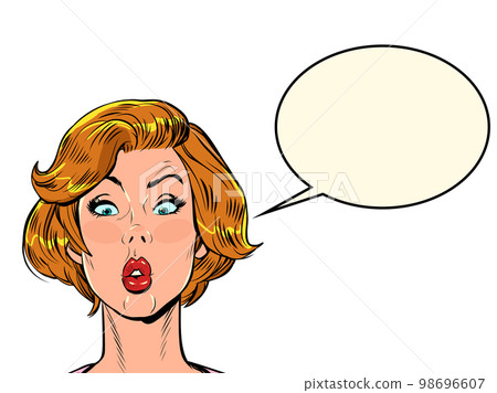 pop art surprised woman looks up. Attention gossip news universal blank background template 98696607