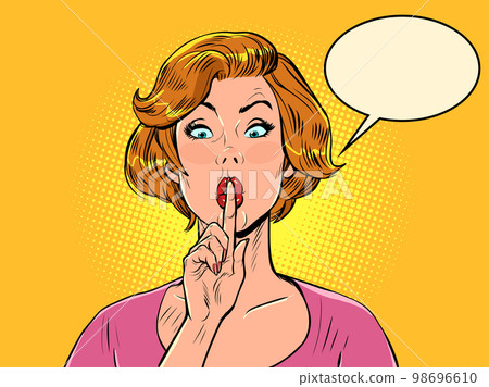 pop art surprised woman pressed her finger to her lips. Silence gossip news pop art surprised woman pressed her finger to her lips. Silence gossip news 98696610