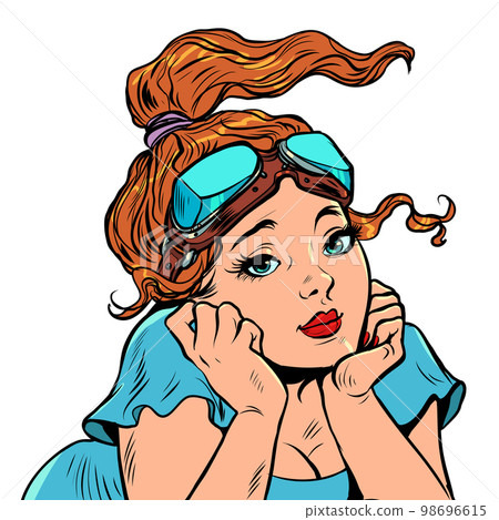 retro pilot woman beautiful looks thoughtfully, pilot's glasses on her head. Pop art style 98696615