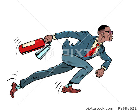 A businessman with a fire extinguisher is preparing to put out a fire. Extreme dangerous incident. Fighting fire A businessman with a fire extinguisher is preparing to put out a fire. Extreme dangerous incident. Fighting fire 98696621