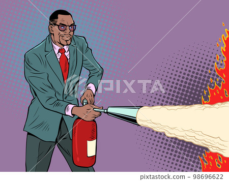 A businessman with a fire extinguisher is preparing to put out a fire. Extreme dangerous incident. Fighting fire 98696622