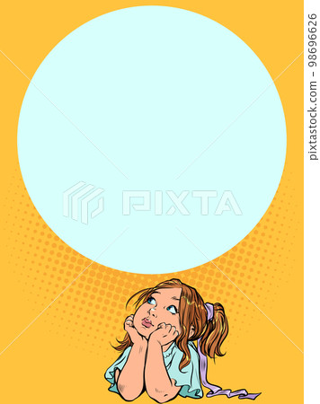 Little girl dreams about something. Fulfill your child wishes. Pop Art Retro Little girl dreams about something. Fulfill your child wishes. Pop Art Retro 98696626