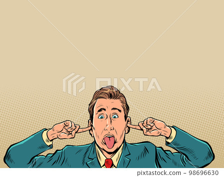A man in a business suit plugs his ears. The employee refuses to listen to the rules and bosses. Irresponsible citizen. Pop Art Retro A man in a business suit plugs his ears. The employee refuses to listen to the rules and bosses. Irresponsible citizen. Pop Art Retro 98696630