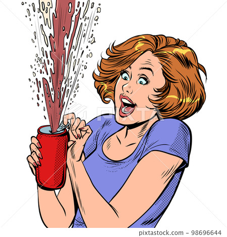 A woman opens a can of cola, soda foams sweet drink 98696644