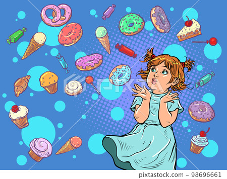 Joyful happy girl. Confectionery sweets candy cupcake donut cake ice cream. birthday background 98696661