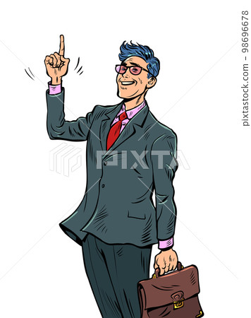 Joyful businessman points his finger up. Confidence and leadership. Direction Joyful businessman points his finger up. Confidence and leadership. Direction 98696678