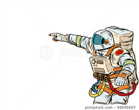 Astronaut space science. People point with their hand. Template advertising announcement news sale. Pop art style 98696685