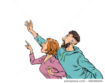 woman and man couple People point with their hand. Template advertising announcement news sale. Pop art style 98696686