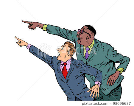 People point with their hand. Template advertising announcement news sale. Two male businessmen, partners Pop art style People point with their hand. Template advertising announcement news sale. Two male businessmen, partners Pop art style 98696687