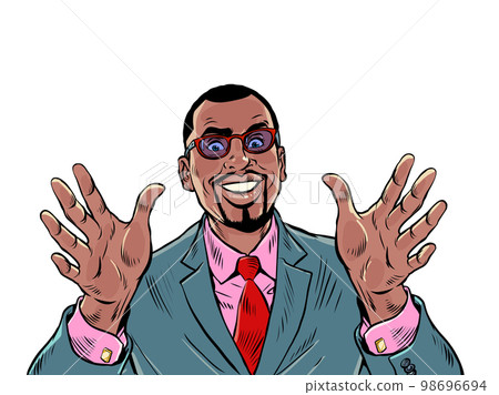 joy greeting african american man hugs, friendly meeting, good friend joy greeting african american man hugs, friendly meeting, good friend 98696694