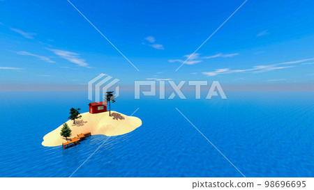 漂浮在海洋中的小孤島上的小房子插畫 漂浮在海洋中的小孤島上的小房子插畫 98696695
