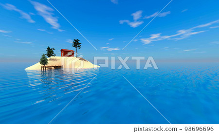 Illustration of a small house on a small isolated island floating in the ocean 98696696