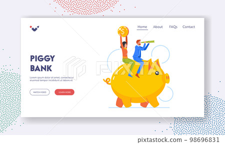Family Couple Riding Piggy Bank Holding Golden Coin and Spyglass Landing Page Template. Vector Illustration 98696831